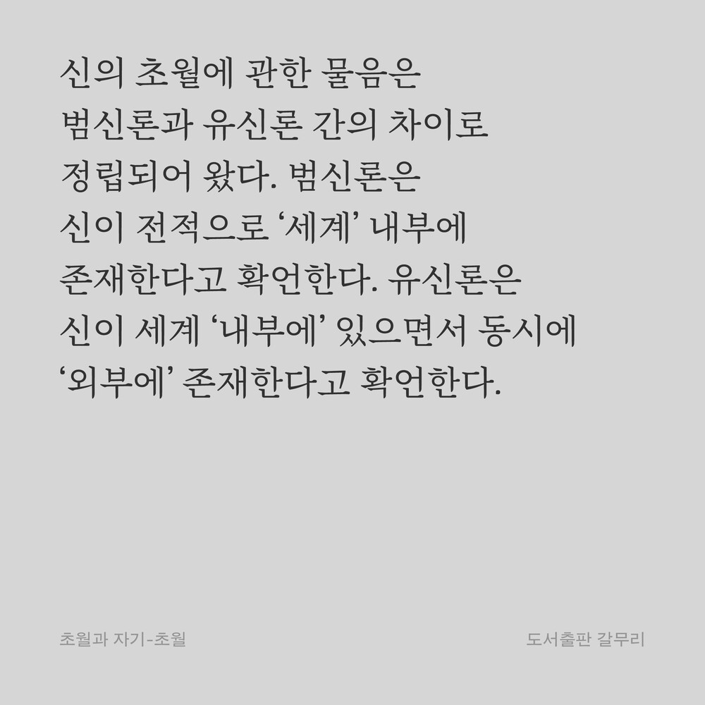 신의 초월에 관한 물음은 범신론과 유신론 간의 차이로 정립되어 왔다. 범신론은 신이 전적으로 ‘세계’ 내부에 존재한다고 확언한다. 유신론은 신이 세계 ‘내부에’ 있으면서 동시에 ‘외부에’ 존재한다고 확언한다.